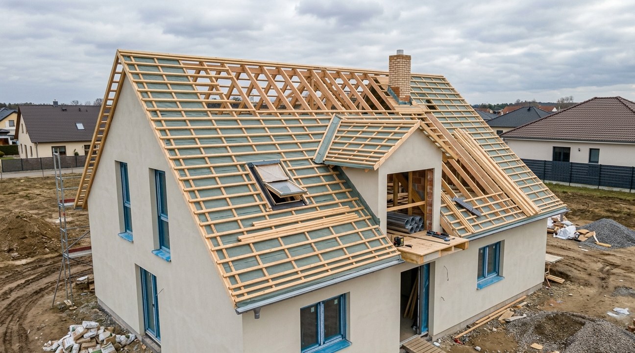 Dachstuhl im Rohbau vor der Stehfalz-Eindeckung