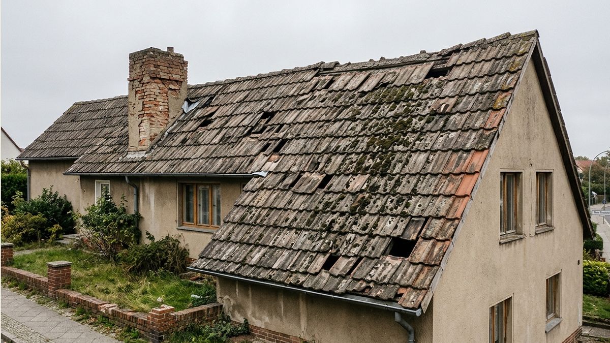 Altes, beschädigtes Steildach vor der Sanierung