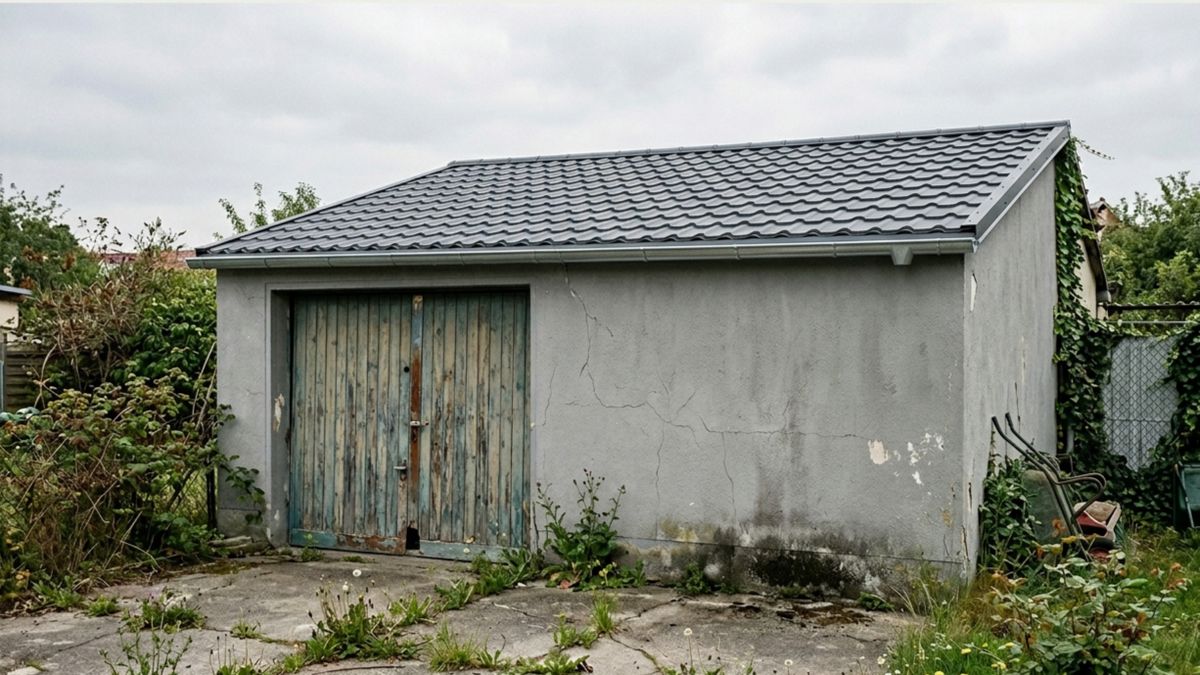 Garage mit neuer Dacheindeckung nach der Sanierung