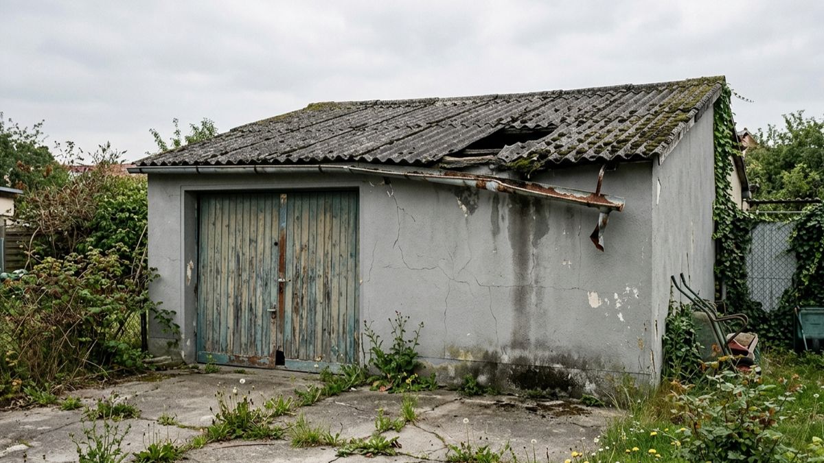 Garage mit alter, beschädigter Eindeckung vor der Sanierung