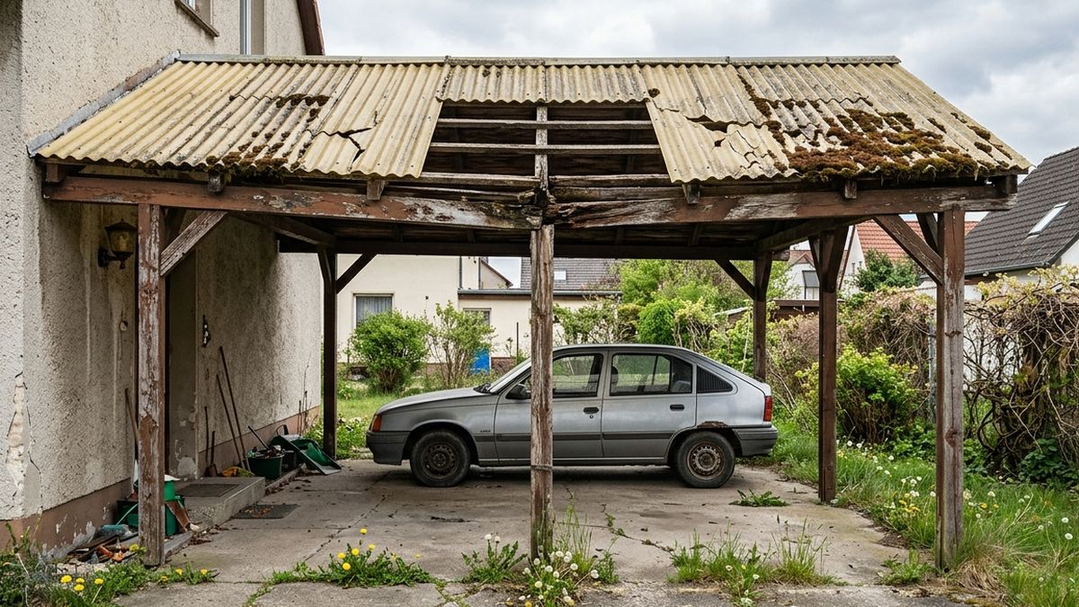 Alter, beschädigter Carport vor der Erneuerung